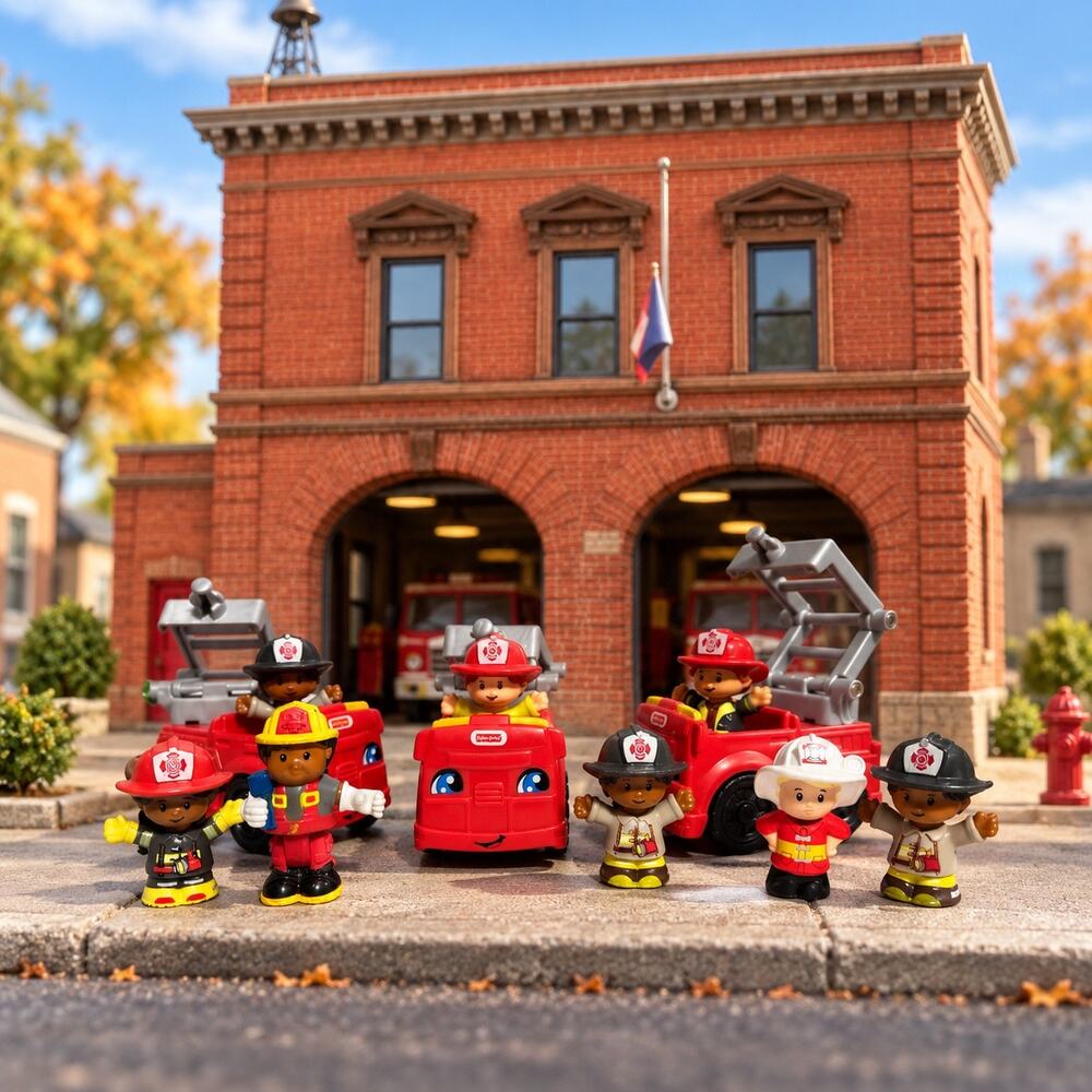 Fisher Price Little People Fire Department Lot 3 Trucks 8 Firefighter Figures